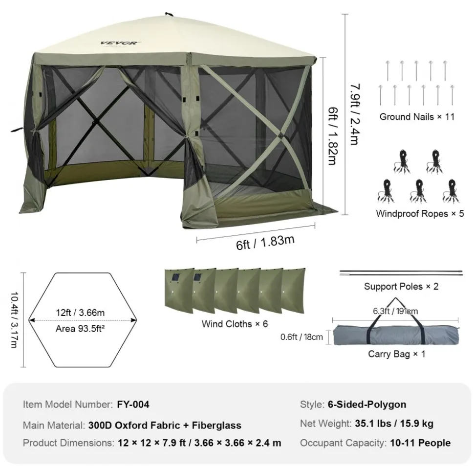 VEVOR Pop Up Gazebo Tent, Pop-Up Screen Tent 6 Sided Canopy Sun Shelter with 6 Removable Privacy Wind Cloths & Mesh Windows, 12x12FT Quick Set Screen Tent with Mosquito Netting, Army Green