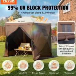 VEVOR Pop Up Gazebo Tent, Pop-Up Screen Tent 4 Sided Canopy Sun Shelter with 4 Removable Privacy Wind Cloths & Mesh Windows, 6x6FT Quick Set Screen Tent with Mosquito Netting, Brown