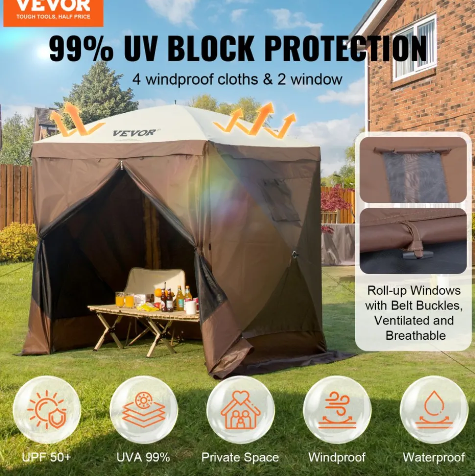 VEVOR Pop Up Gazebo Tent, Pop-Up Screen Tent 4 Sided Canopy Sun Shelter with 4 Removable Privacy Wind Cloths & Mesh Windows, 6x6FT Quick Set Screen Tent with Mosquito Netting, Brown