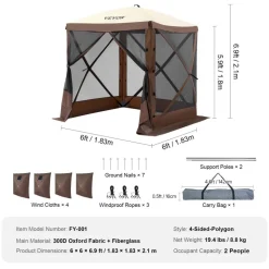 VEVOR Pop Up Gazebo Tent, Pop-Up Screen Tent 4 Sided Canopy Sun Shelter with 4 Removable Privacy Wind Cloths & Mesh Windows, 6x6FT Quick Set Screen Tent with Mosquito Netting, Brown