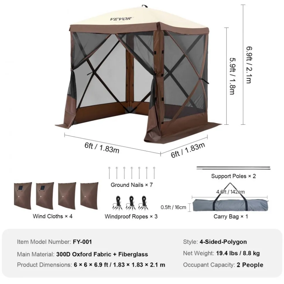 VEVOR Pop Up Gazebo Tent, Pop-Up Screen Tent 4 Sided Canopy Sun Shelter with 4 Removable Privacy Wind Cloths & Mesh Windows, 6x6FT Quick Set Screen Tent with Mosquito Netting, Brown