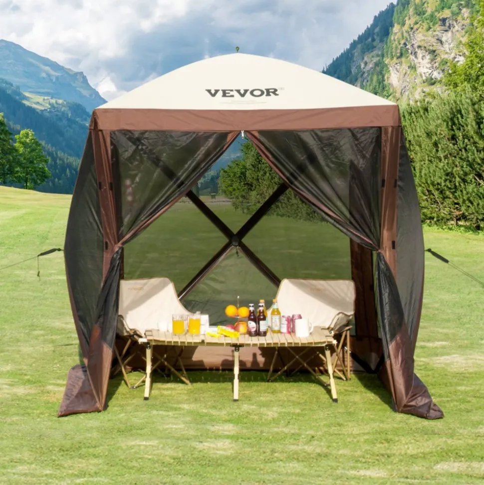 VEVOR Pop Up Gazebo Tent, Pop-Up Screen Tent 4 Sided Canopy Sun Shelter with 4 Removable Privacy Wind Cloths & Mesh Windows, 6x6FT Quick Set Screen Tent with Mosquito Netting, Brown