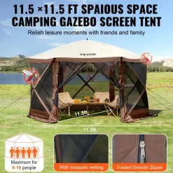 VEVOR Pop Up Gazebo Tent, Pop-Up Screen Tent 6 Sided Canopy Sun Shelter with 6 Removable Privacy Wind Cloths & Mesh Windows, 11.5x11.5FT Quick Set Screen Tent with Mosquito Netting, Brown