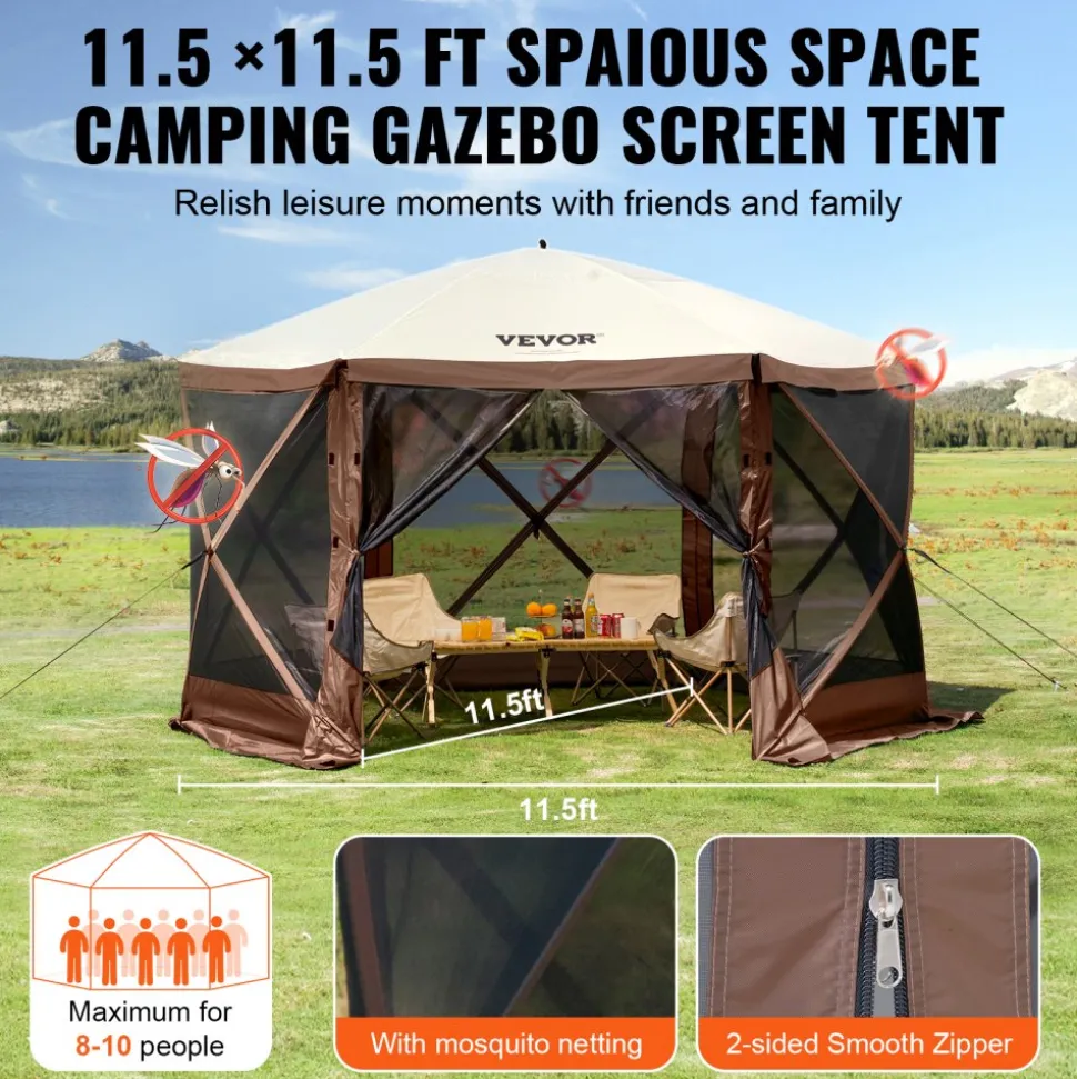 VEVOR Pop Up Gazebo Tent, Pop-Up Screen Tent 6 Sided Canopy Sun Shelter with 6 Removable Privacy Wind Cloths & Mesh Windows, 11.5x11.5FT Quick Set Screen Tent with Mosquito Netting, Brown