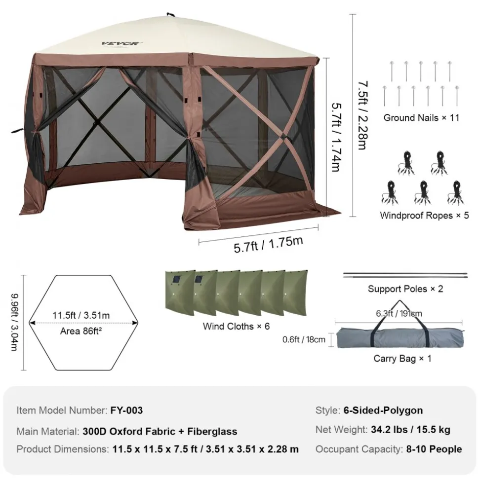 VEVOR Pop Up Gazebo Tent, Pop-Up Screen Tent 6 Sided Canopy Sun Shelter with 6 Removable Privacy Wind Cloths & Mesh Windows, 11.5x11.5FT Quick Set Screen Tent with Mosquito Netting, Brown