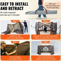 VEVOR Pop Up Gazebo Tent, Pop-Up Screen Tent 6 Sided Canopy Sun Shelter with 6 Removable Privacy Wind Cloths & Mesh Windows, 11.5x11.5FT Quick Set Screen Tent with Mosquito Netting, Brown