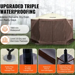VEVOR Pop Up Gazebo Tent, Pop-Up Screen Tent 6 Sided Canopy Sun Shelter with 6 Removable Privacy Wind Cloths & Mesh Windows, 11.5x11.5FT Quick Set Screen Tent with Mosquito Netting, Brown