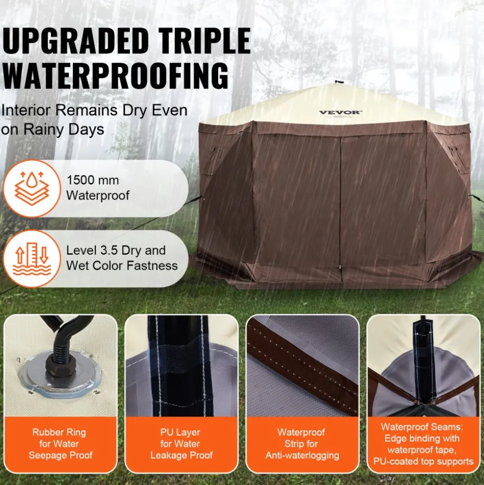 VEVOR Pop Up Gazebo Tent, Pop-Up Screen Tent 6 Sided Canopy Sun Shelter with 6 Removable Privacy Wind Cloths & Mesh Windows, 11.5x11.5FT Quick Set Screen Tent with Mosquito Netting, Brown