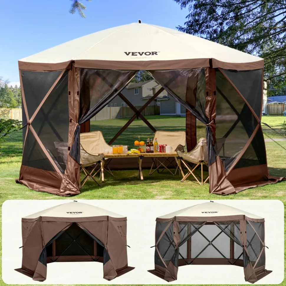 VEVOR Pop Up Gazebo Tent, Pop-Up Screen Tent 6 Sided Canopy Sun Shelter with 6 Removable Privacy Wind Cloths & Mesh Windows, 11.5x11.5FT Quick Set Screen Tent with Mosquito Netting, Brown