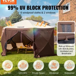 VEVOR Pop Up Gazebo Tent, Pop-Up Screen Tent 6 Sided Canopy Sun Shelter with 6 Removable Privacy Wind Cloths & Mesh Windows, 11.5x11.5FT Quick Set Screen Tent with Mosquito Netting, Brown