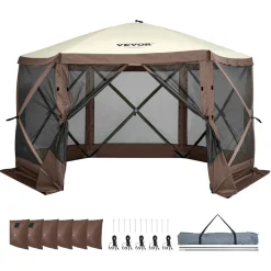 VEVOR Pop Up Gazebo Tent, Pop-Up Screen Tent 6 Sided Canopy Sun Shelter with 6 Removable Privacy Wind Cloths & Mesh Windows, 11.5x11.5FT Quick Set Screen Tent with Mosquito Netting, Brown