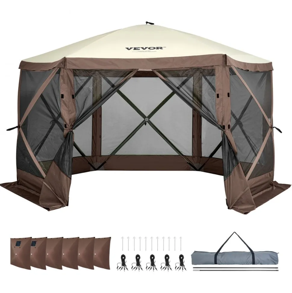VEVOR Pop Up Gazebo Tent, Pop-Up Screen Tent 6 Sided Canopy Sun Shelter with 6 Removable Privacy Wind Cloths & Mesh Windows, 11.5x11.5FT Quick Set Screen Tent with Mosquito Netting, Brown