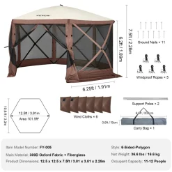 VEVOR Pop Up Gazebo Tent, Pop-Up Screen Tent 6 Sided Canopy Sun Shelter with 6 Removable Privacy Wind Cloths & Mesh Windows, 12.5x12.5FT Quick Set Screen Tent with Mosquito Netting, Brown