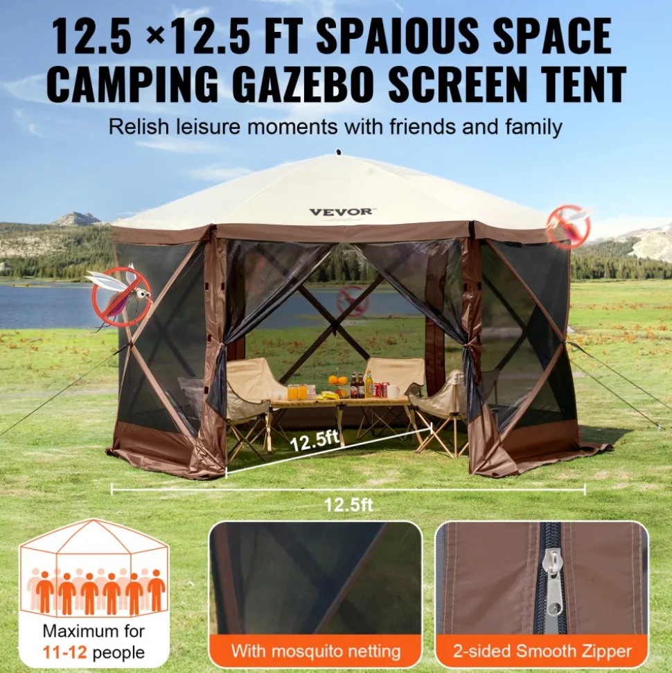 VEVOR Pop Up Gazebo Tent, Pop-Up Screen Tent 6 Sided Canopy Sun Shelter with 6 Removable Privacy Wind Cloths & Mesh Windows, 12.5x12.5FT Quick Set Screen Tent with Mosquito Netting, Brown