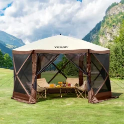 VEVOR Pop Up Gazebo Tent, Pop-Up Screen Tent 6 Sided Canopy Sun Shelter with 6 Removable Privacy Wind Cloths & Mesh Windows, 12.5x12.5FT Quick Set Screen Tent with Mosquito Netting, Brown