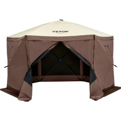 VEVOR Pop Up Gazebo Tent, Pop-Up Screen Tent 6 Sided Canopy Sun Shelter with 6 Removable Privacy Wind Cloths & Mesh Windows, 12.5x12.5FT Quick Set Screen Tent with Mosquito Netting, Brown