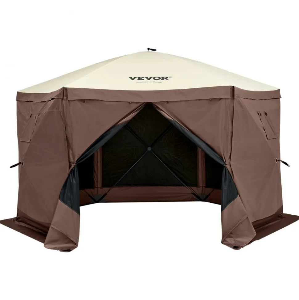 VEVOR Pop Up Gazebo Tent, Pop-Up Screen Tent 6 Sided Canopy Sun Shelter with 6 Removable Privacy Wind Cloths & Mesh Windows, 12.5x12.5FT Quick Set Screen Tent with Mosquito Netting, Brown