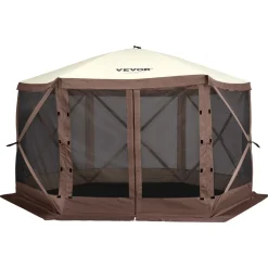 VEVOR Pop Up Gazebo Tent, Pop-Up Screen Tent 6 Sided Canopy Sun Shelter with 6 Removable Privacy Wind Cloths & Mesh Windows, 12.5x12.5FT Quick Set Screen Tent with Mosquito Netting, Brown