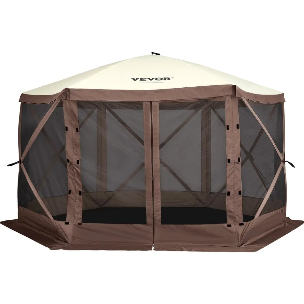 VEVOR Pop Up Gazebo Tent, Pop-Up Screen Tent 6 Sided Canopy Sun Shelter with 6 Removable Privacy Wind Cloths & Mesh Windows, 12.5x12.5FT Quick Set Screen Tent with Mosquito Netting, Brown