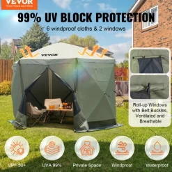 VEVOR Pop Up Gazebo Tent, Pop-Up Screen Tent 6 Sided Canopy Sun Shelter with 6 Removable Privacy Wind Cloths & Mesh Windows, 10x10FT Quick Set Screen Tent with Mosquito Netting, Army Green