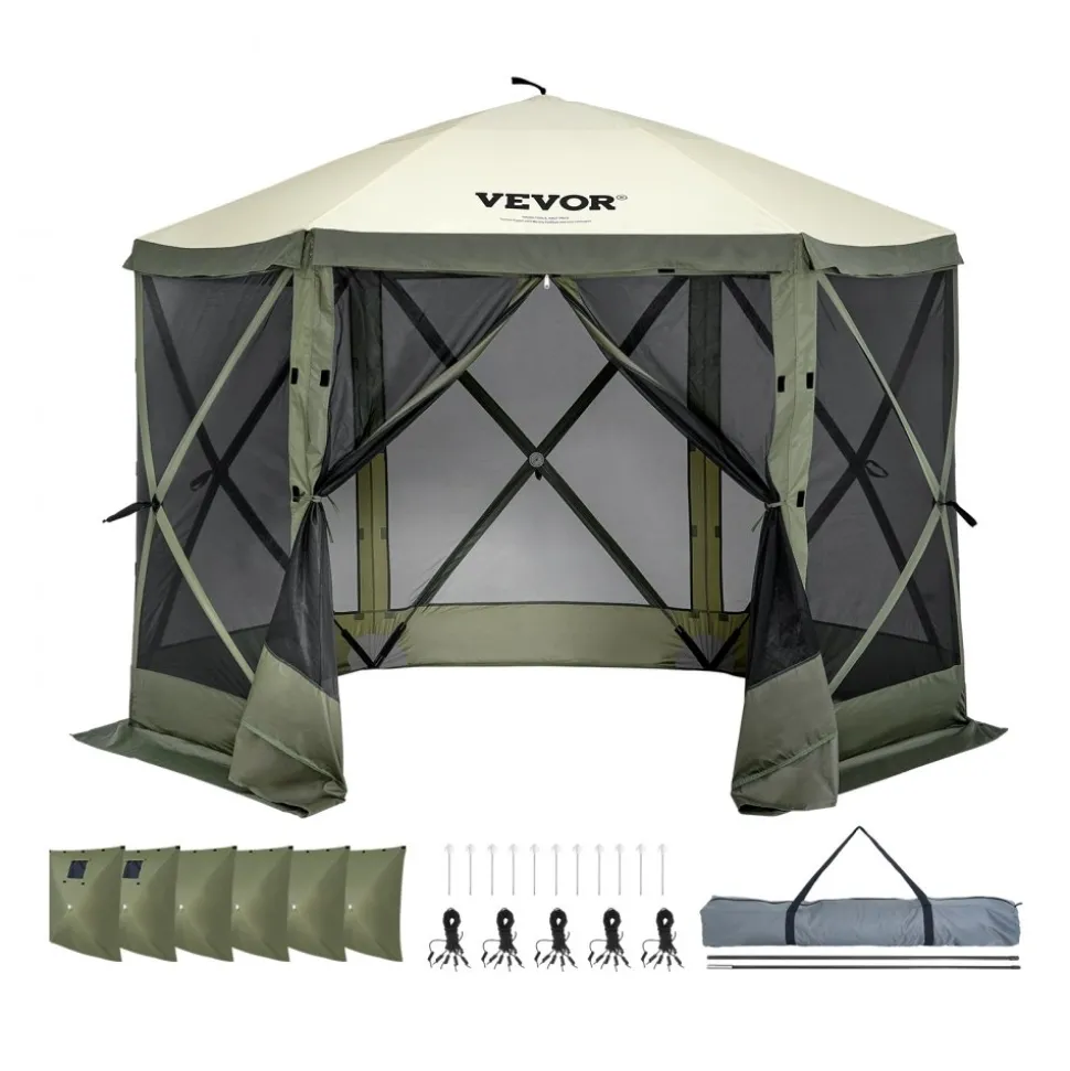 VEVOR Pop Up Gazebo Tent, Pop-Up Screen Tent 6 Sided Canopy Sun Shelter with 6 Removable Privacy Wind Cloths & Mesh Windows, 10x10FT Quick Set Screen Tent with Mosquito Netting, Army Green