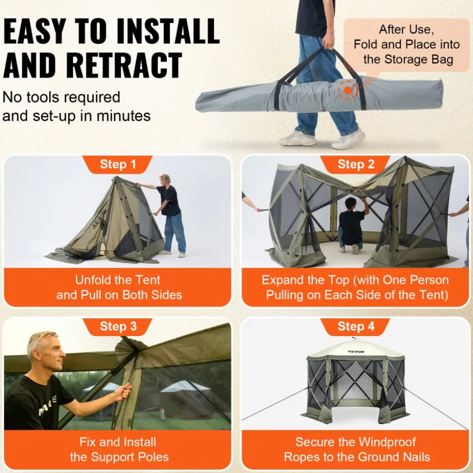 VEVOR Pop Up Gazebo Tent, Pop-Up Screen Tent 6 Sided Canopy Sun Shelter with 6 Removable Privacy Wind Cloths & Mesh Windows, 10x10FT Quick Set Screen Tent with Mosquito Netting, Army Green