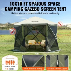 VEVOR Pop Up Gazebo Tent, Pop-Up Screen Tent 6 Sided Canopy Sun Shelter with 6 Removable Privacy Wind Cloths & Mesh Windows, 10x10FT Quick Set Screen Tent with Mosquito Netting, Army Green