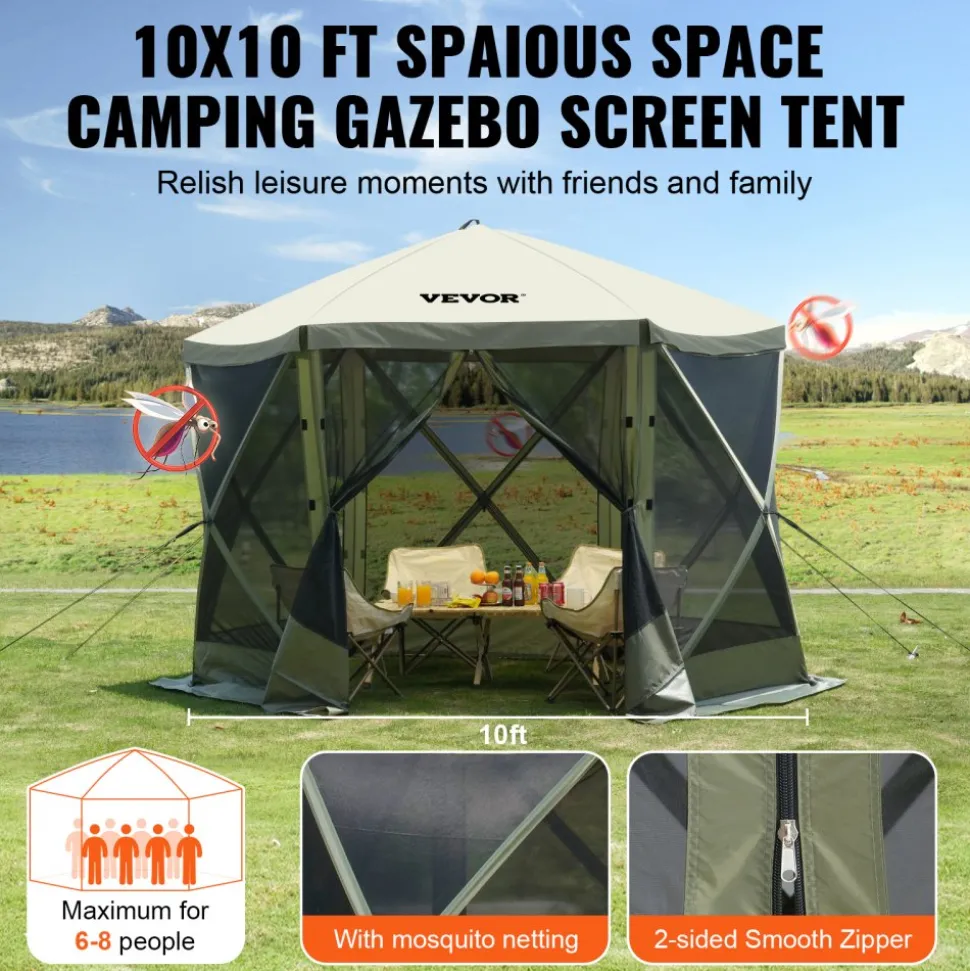 VEVOR Pop Up Gazebo Tent, Pop-Up Screen Tent 6 Sided Canopy Sun Shelter with 6 Removable Privacy Wind Cloths & Mesh Windows, 10x10FT Quick Set Screen Tent with Mosquito Netting, Army Green