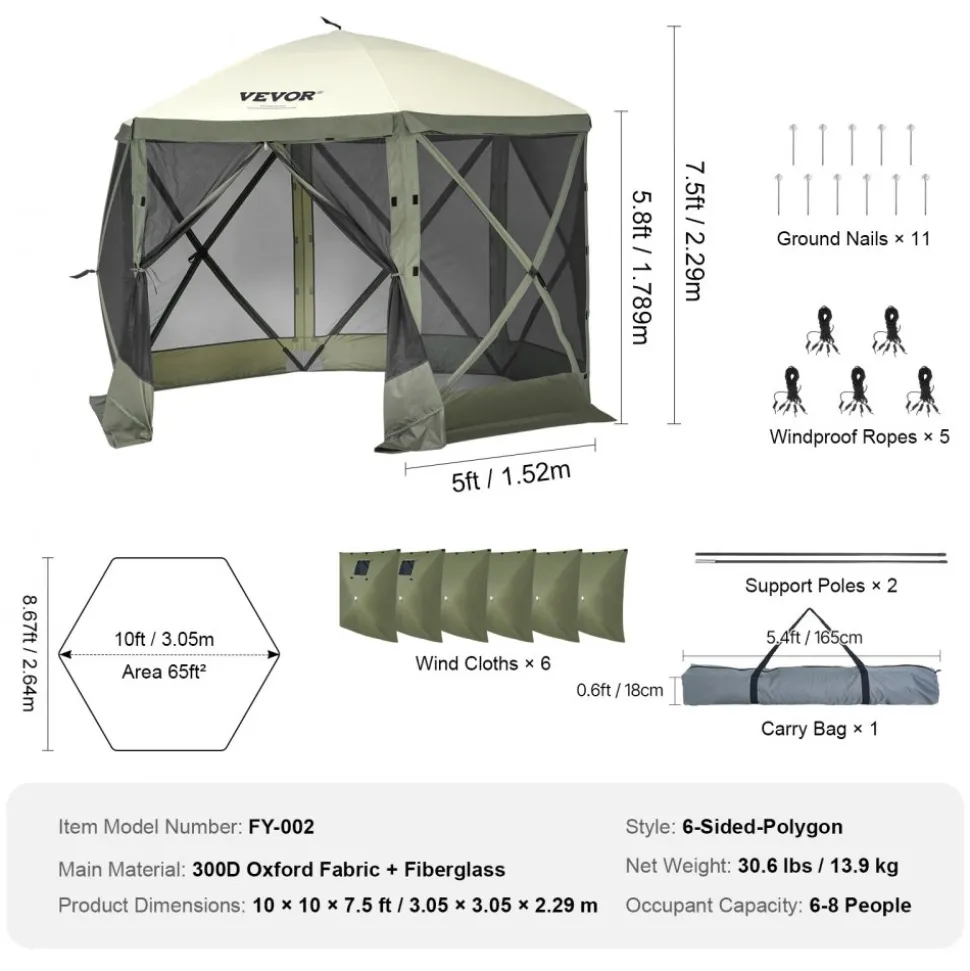 VEVOR Pop Up Gazebo Tent, Pop-Up Screen Tent 6 Sided Canopy Sun Shelter with 6 Removable Privacy Wind Cloths & Mesh Windows, 10x10FT Quick Set Screen Tent with Mosquito Netting, Army Green
