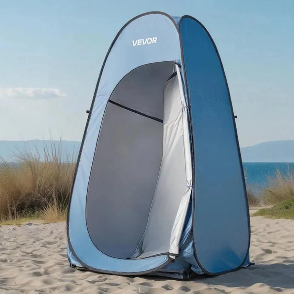 VEVOR Pop up Shower Tent, Instant Portable Privacy Tent Changing Room with Hanging Bag, Ground Stakes, Ropes, Carry Bag, 190T Polyester with Silver Coating, Quick Setup, for Camping, Beach, Fishing