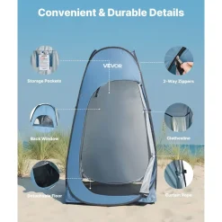 VEVOR Pop up Shower Tent, Instant Portable Privacy Tent Changing Room with Hanging Bag, Ground Stakes, Ropes, Carry Bag, 190T Polyester with Silver Coating, Quick Setup, for Camping, Beach, Fishing