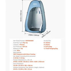 VEVOR Pop up Shower Tent, Instant Portable Privacy Tent Changing Room with Hanging Bag, Ground Stakes, Ropes, Carry Bag, 190T Polyester with Silver Coating, Quick Setup, for Camping, Beach, Fishing