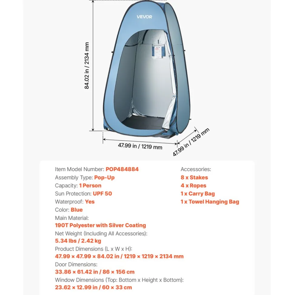 VEVOR Pop up Shower Tent, Instant Portable Privacy Tent Changing Room with Hanging Bag, Ground Stakes, Ropes, Carry Bag, 190T Polyester with Silver Coating, Quick Setup, for Camping, Beach, Fishing