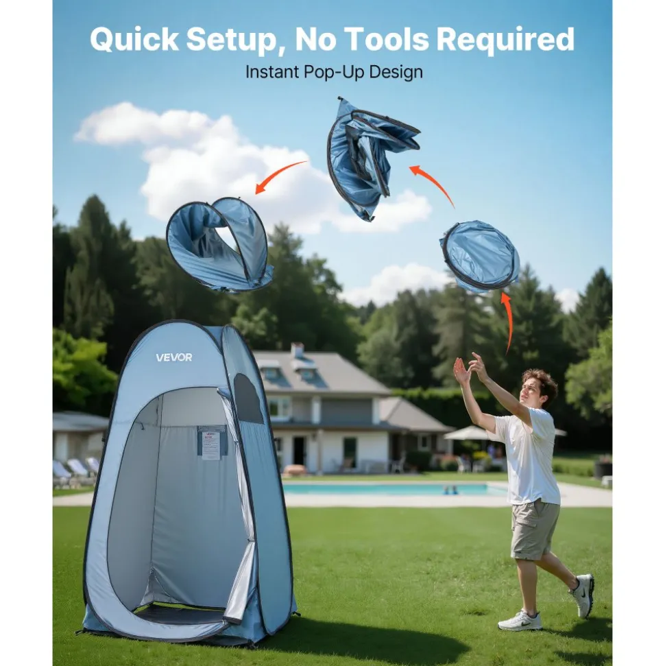 VEVOR Pop up Shower Tent, Instant Portable Privacy Tent Changing Room with Hanging Bag, Ground Stakes, Ropes, Carry Bag, 190T Polyester with Silver Coating, Quick Setup, for Camping, Beach, Fishing