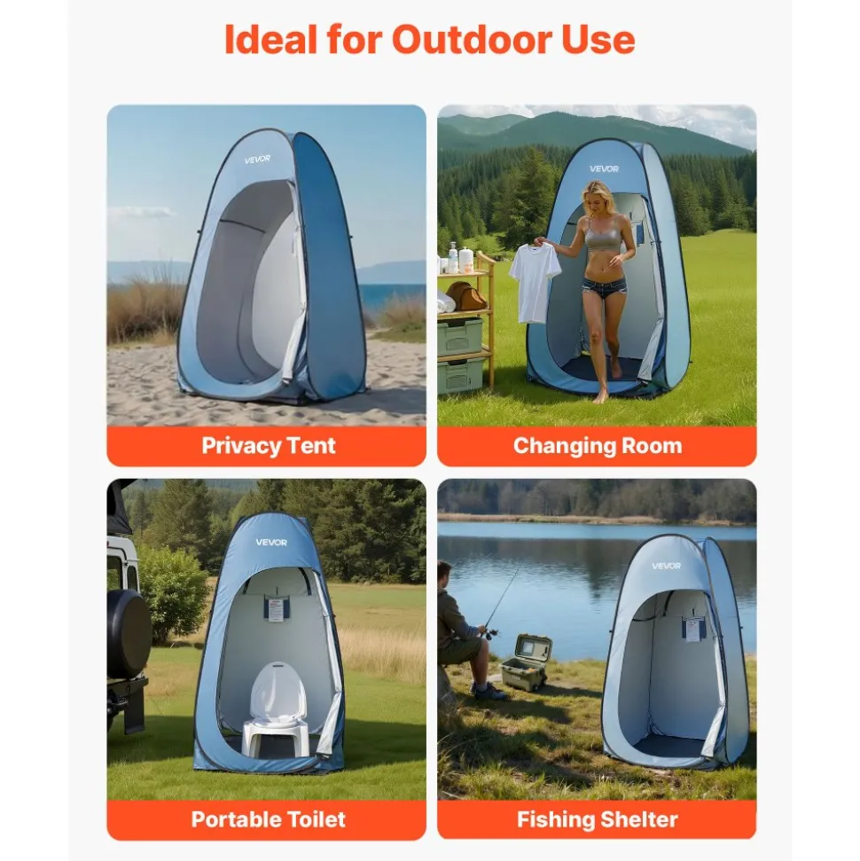 VEVOR Pop up Shower Tent, Instant Portable Privacy Tent Changing Room with Hanging Bag, Ground Stakes, Ropes, Carry Bag, 190T Polyester with Silver Coating, Quick Setup, for Camping, Beach, Fishing