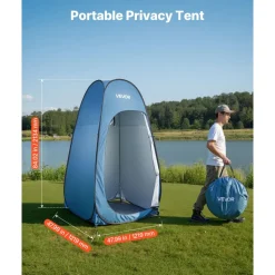 VEVOR Pop up Shower Tent, Instant Portable Privacy Tent Changing Room with Hanging Bag, Ground Stakes, Ropes, Carry Bag, 190T Polyester with Silver Coating, Quick Setup, for Camping, Beach, Fishing