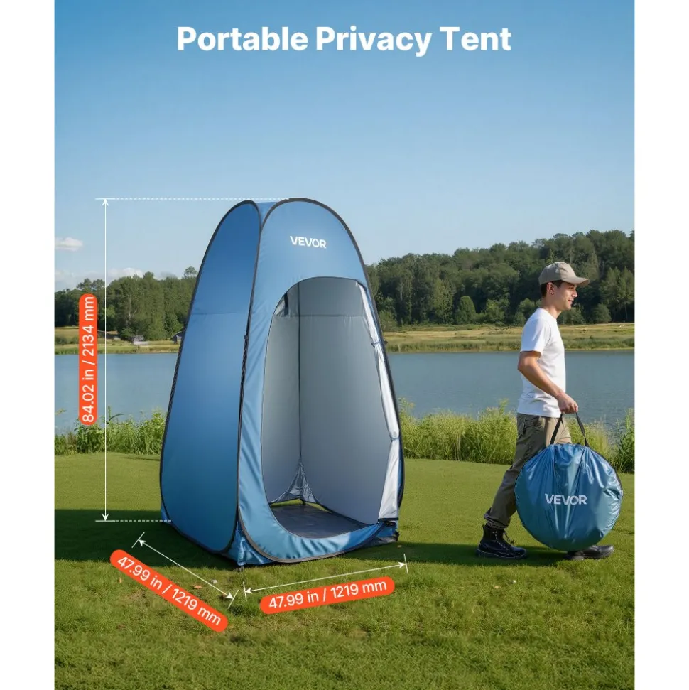 VEVOR Pop up Shower Tent, Instant Portable Privacy Tent Changing Room with Hanging Bag, Ground Stakes, Ropes, Carry Bag, 190T Polyester with Silver Coating, Quick Setup, for Camping, Beach, Fishing