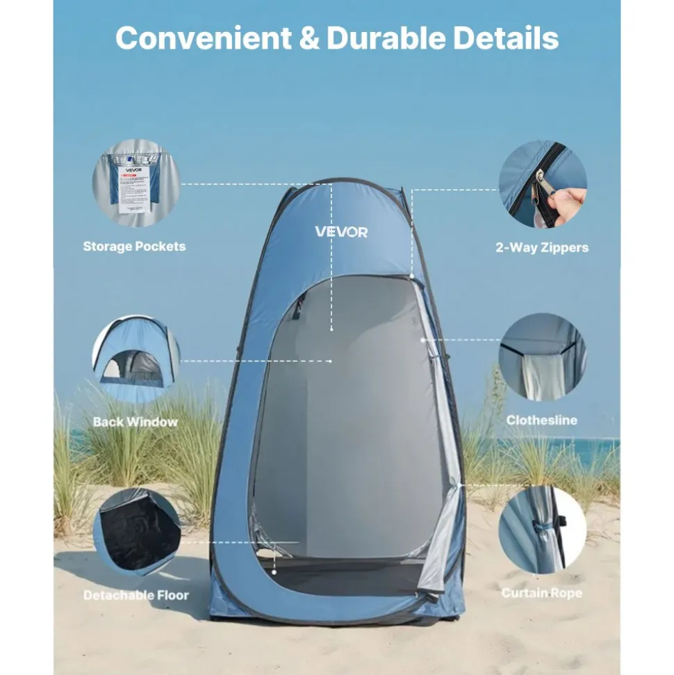 VEVOR Pop up Shower Tent, Instant Portable Privacy Tent Changing Room with Shower Bag, Ground Stakes, Ropes, Carry Bag, 190T Polyester with Silver Coating, Quick Setup, for Camping, Beach, Fishing