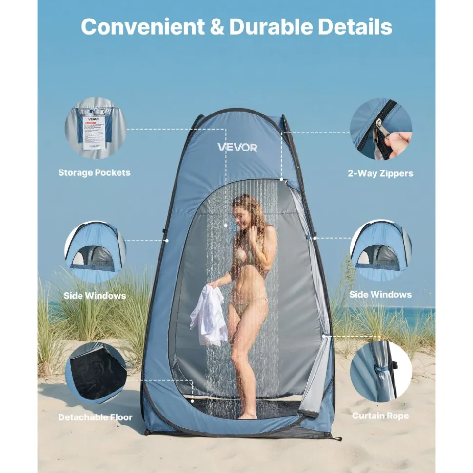 VEVOR Pop up Shower Tent, Instant Portable Privacy Tent Changing Room with Ground Stakes, Ropes, and Carry Bag, 190T Polyester with Silver Coating, Quick Setup, for Camping, Beach, Fishing, Blue
