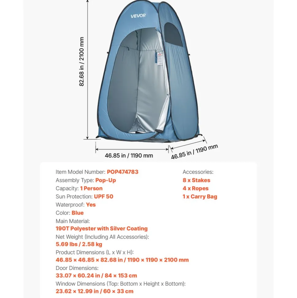 VEVOR Pop up Shower Tent, Instant Portable Privacy Tent Changing Room with Ground Stakes, Ropes, and Carry Bag, 190T Polyester with Silver Coating, Quick Setup, for Camping, Beach, Fishing, Blue