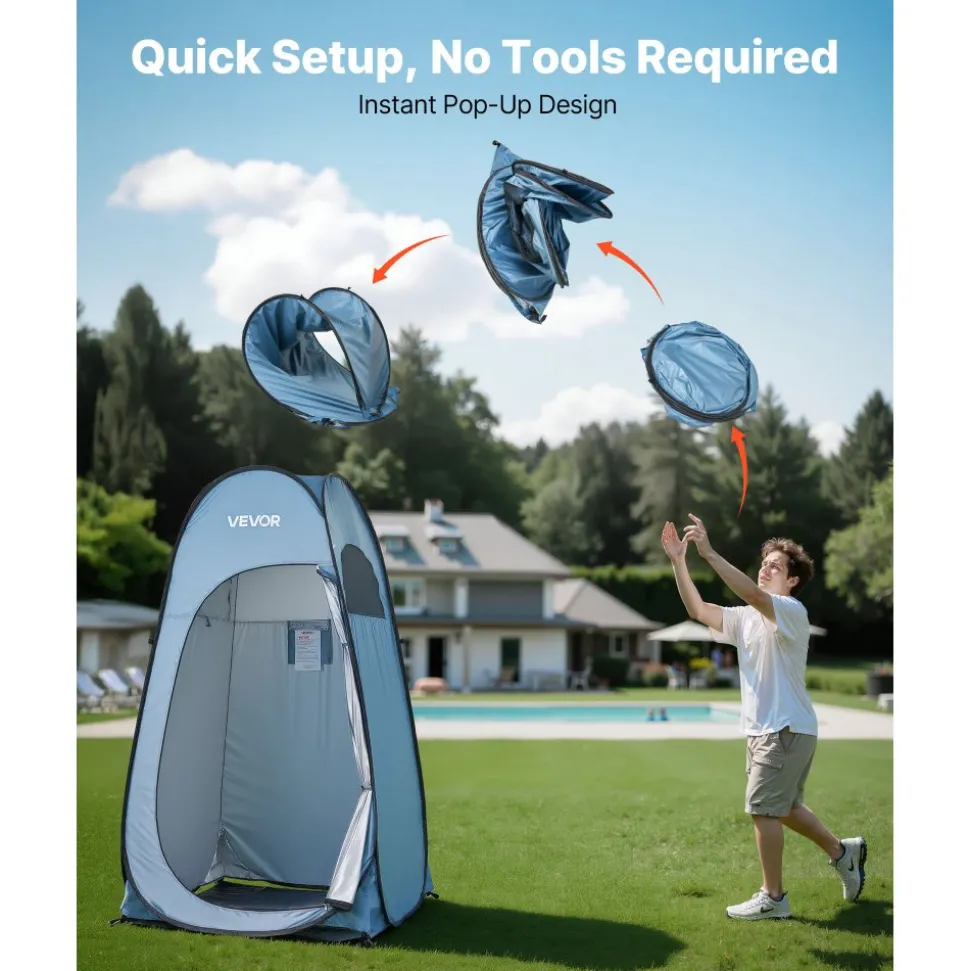 VEVOR Pop up Shower Tent, Instant Portable Privacy Tent Changing Room with Ground Stakes, Ropes, and Carry Bag, 190T Polyester with Silver Coating, Quick Setup, for Camping, Beach, Fishing, Blue