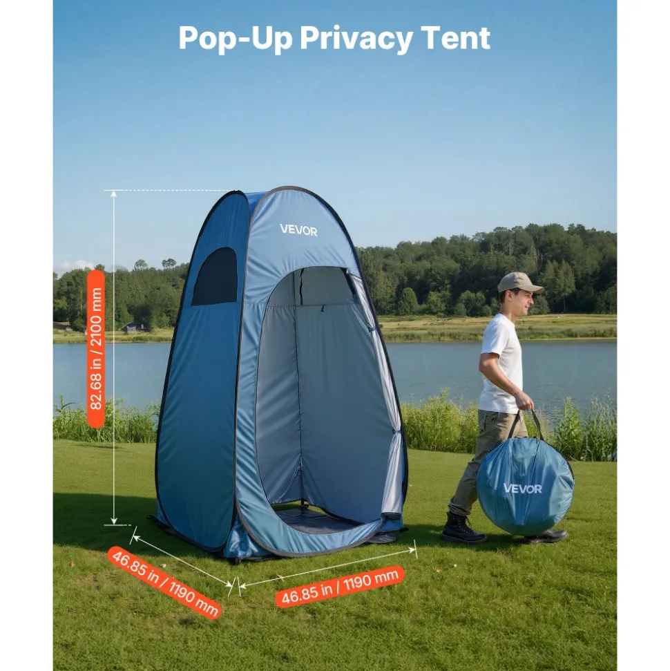VEVOR Pop up Shower Tent, Instant Portable Privacy Tent Changing Room with Ground Stakes, Ropes, and Carry Bag, 190T Polyester with Silver Coating, Quick Setup, for Camping, Beach, Fishing, Blue