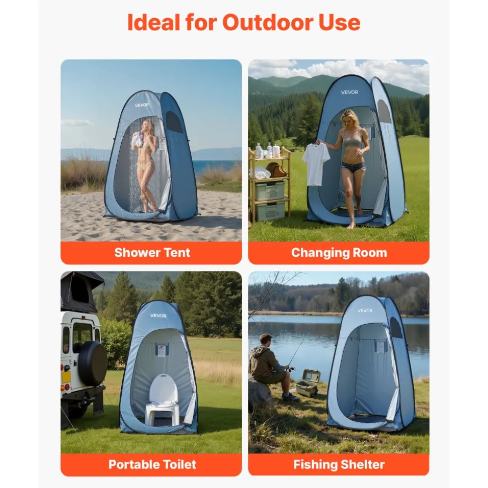 VEVOR Pop up Shower Tent, Instant Portable Privacy Tent Changing Room with Ground Stakes, Ropes, and Carry Bag, 190T Polyester with Silver Coating, Quick Setup, for Camping, Beach, Fishing, Blue