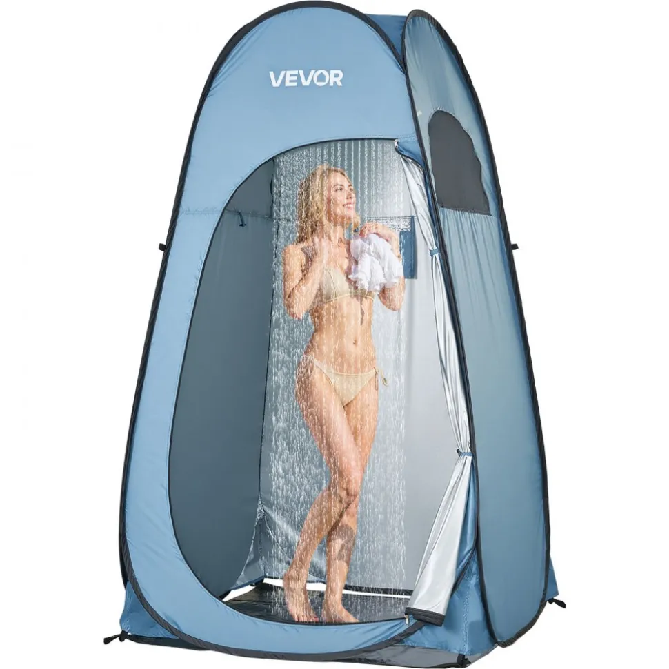 VEVOR Pop up Shower Tent, Instant Portable Privacy Tent Changing Room with Ground Stakes, Ropes, and Carry Bag, 190T Polyester with Silver Coating, Quick Setup, for Camping, Beach, Fishing, Blue