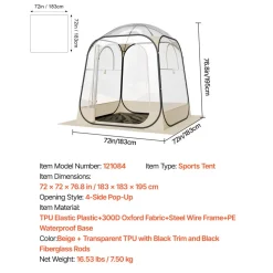 VEVOR Pop up Sports Tent, 72x72 in Clear Bubble Tent for 2-4 Persons, Waterproof Outdoor Pod with Floor Mat & Top Cover, Garden Igloo Dome Tents Camping Shelter for Events Fishing Cheering