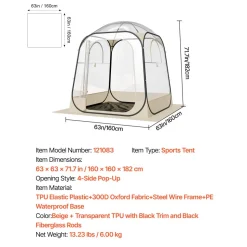 VEVOR Pop up Sports Tent, 63x63 in Clear Bubble Tent for 2-4 Persons, Waterproof Outdoor Pod with Floor Mat & Top Cover, Garden Igloo Dome Tents Camping Shelter for Events Fishing Cheering