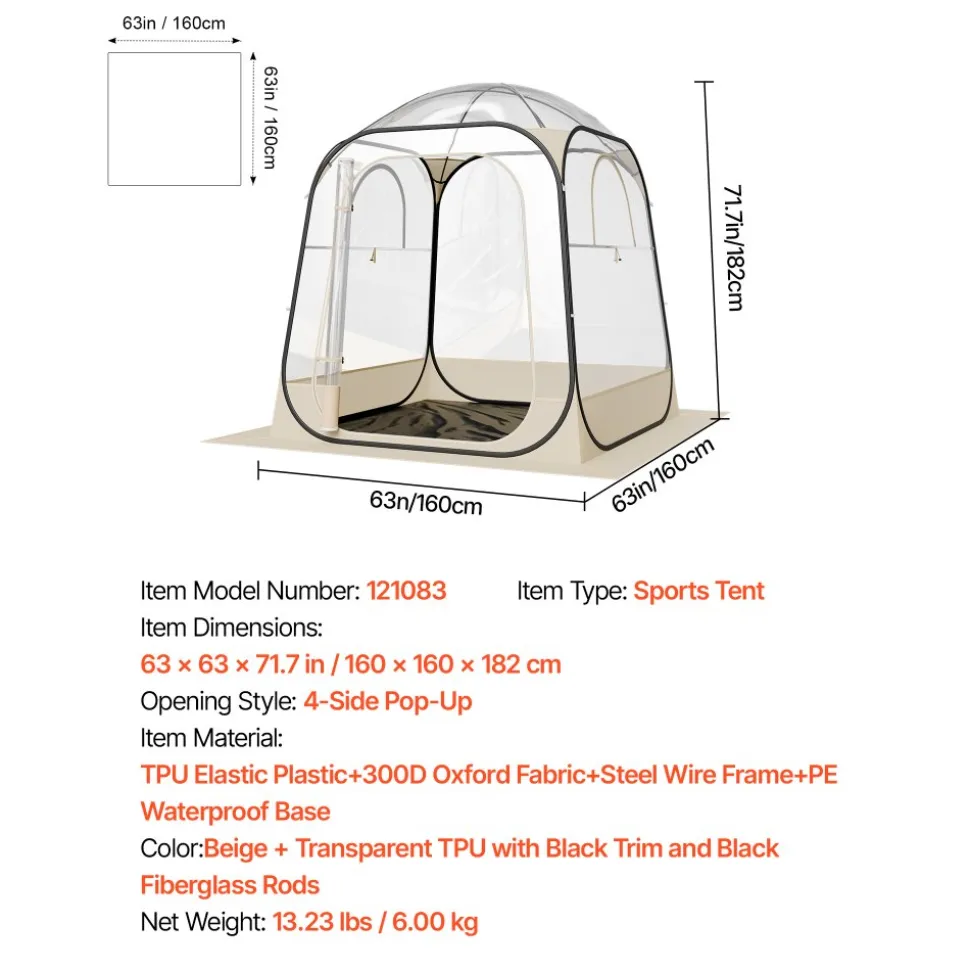 VEVOR Pop up Sports Tent, 63x63 in Clear Bubble Tent for 2-4 Persons, Waterproof Outdoor Pod with Floor Mat & Top Cover, Garden Igloo Dome Tents Camping Shelter for Events Fishing Cheering