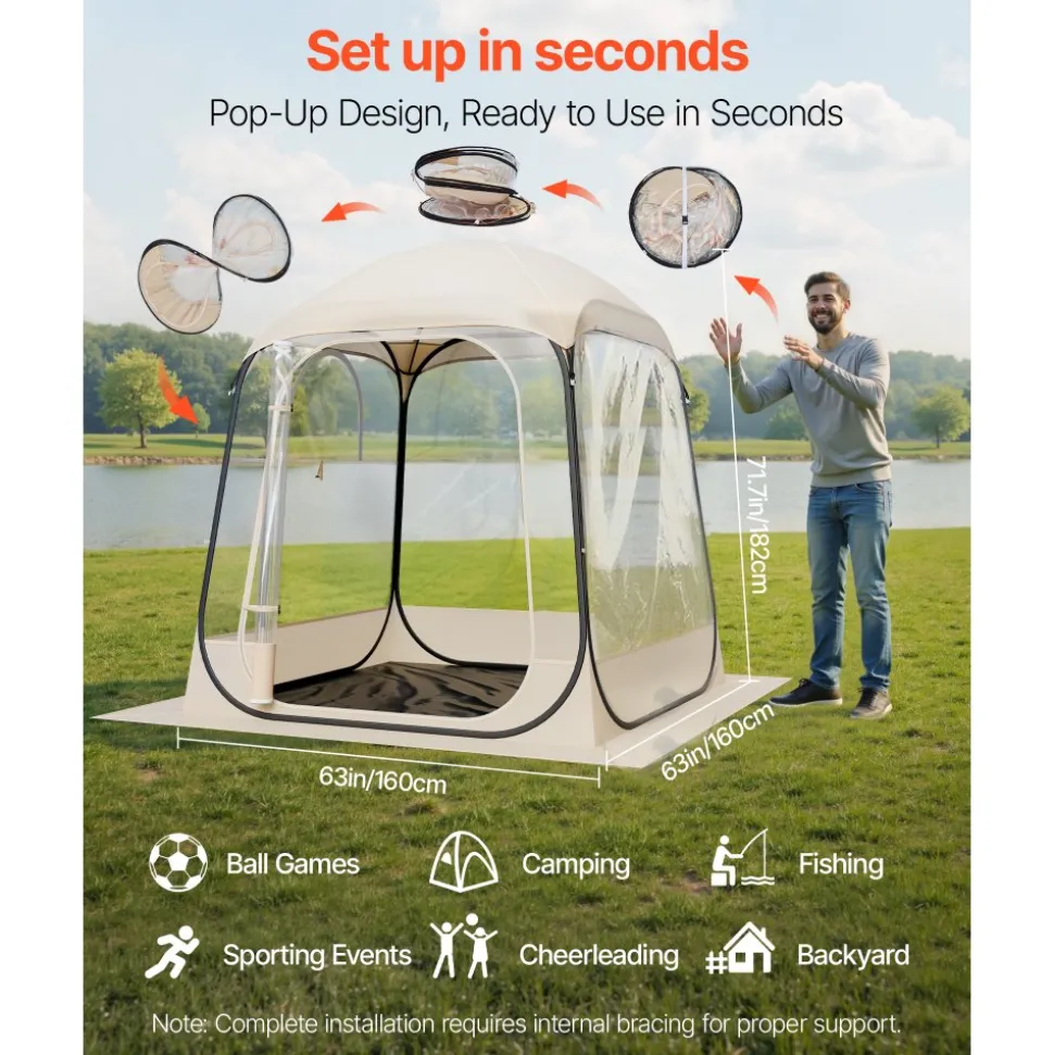 VEVOR Pop up Sports Tent, 63x63 in Clear Bubble Tent for 2-4 Persons, Waterproof Outdoor Pod with Floor Mat & Top Cover, Garden Igloo Dome Tents Camping Shelter for Events Fishing Cheering