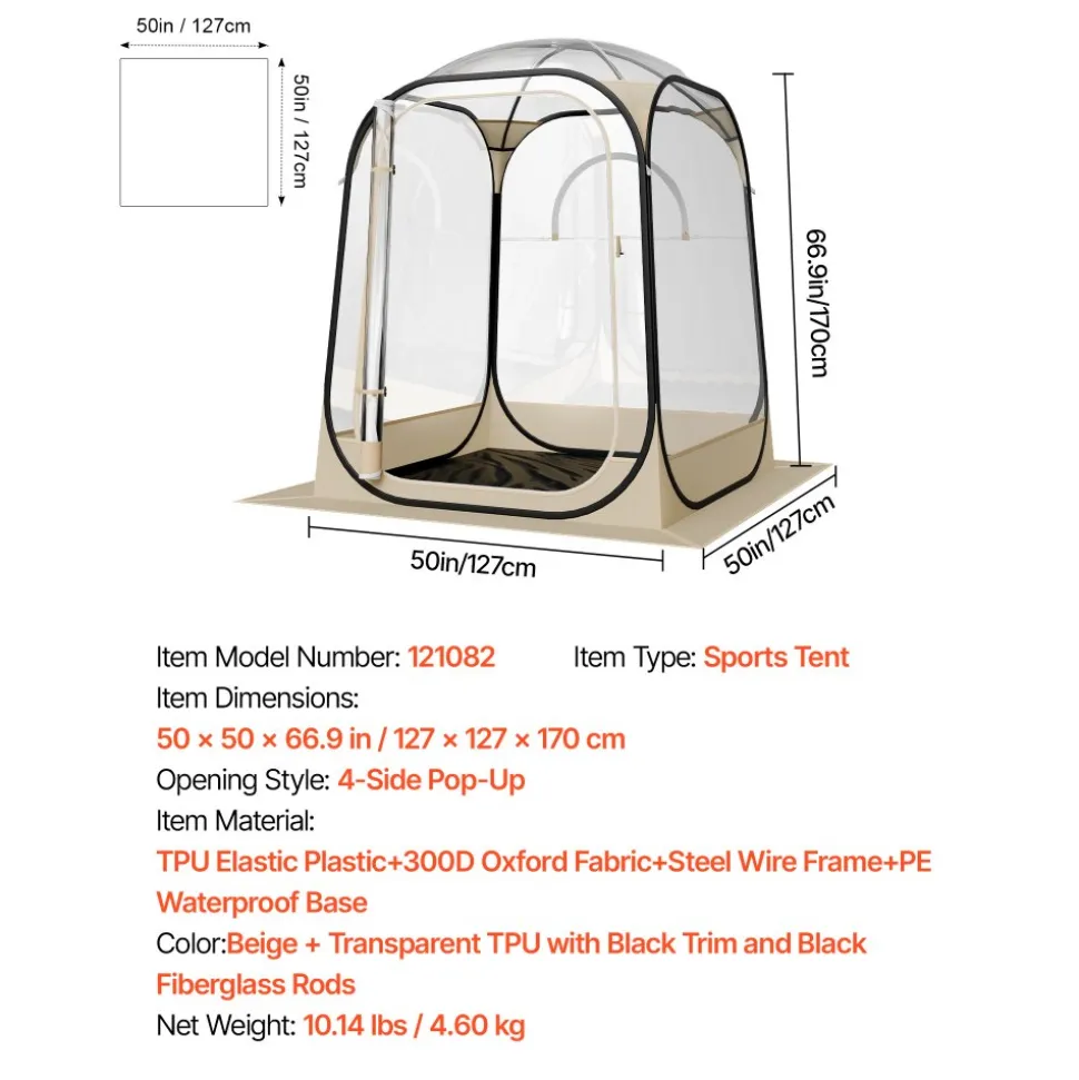 VEVOR Pop up Sports Tent, 50x50 in Clear Bubble Tent for 1 Person, Waterproof Outdoor Pod with Floor Mat & Top Cover, Garden Igloo Dome Tents Camping Shelter for Events Fishing Cheering
