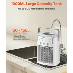 VEVOR Portable Air Conditioner, 4-in-1 Evaporative Air Cooler with Remote Control, 3-Speed Mini Air Conditioner with Timer, 3 Mist Levels, 1L Water Tank, 120° Oscillating Mini AC Fan for Desktop Home